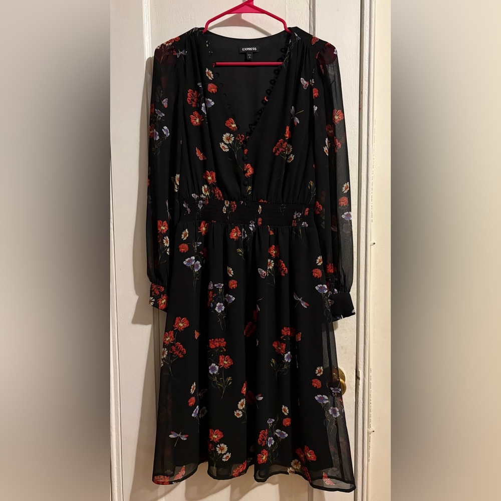 Express Black Floral Long Sleeve Midi Dress | Size Small
